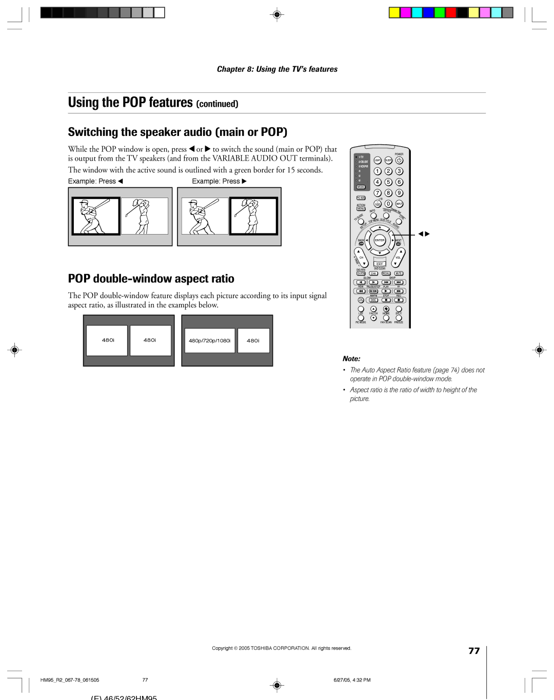 Toshiba 46HM95 owner manual Switching the speaker audio main or POP, POP double-window aspect ratio 