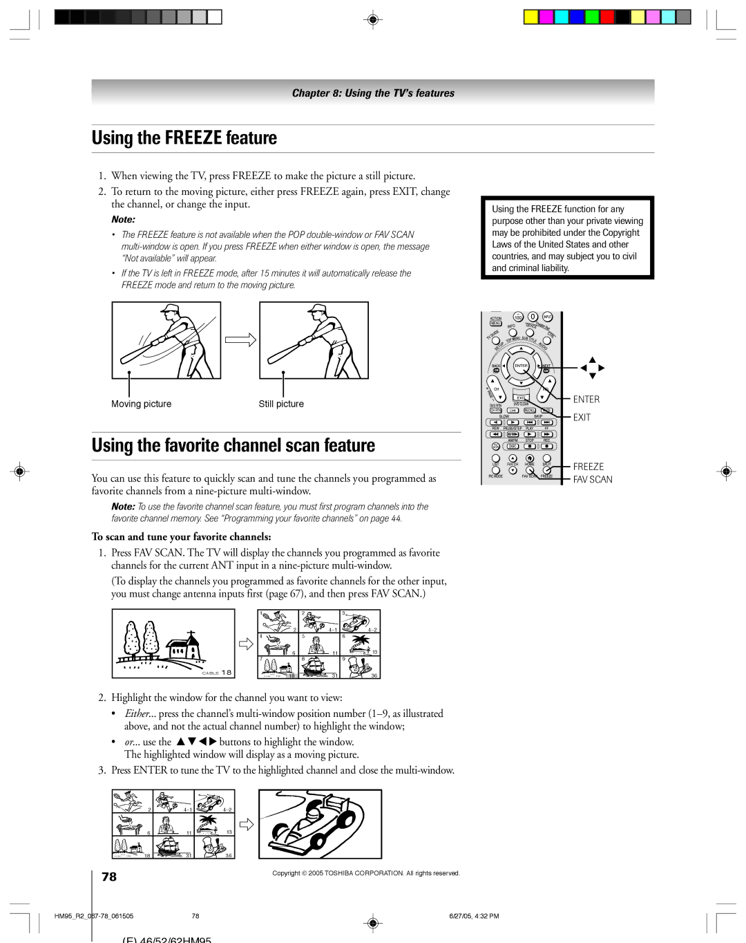 Toshiba 46HM95 Using the Freeze feature, Using the favorite channel scan feature, To scan and tune your favorite channels 