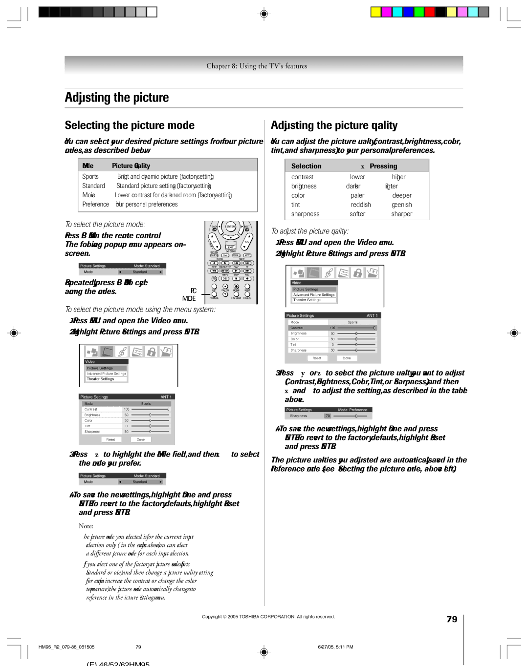 Toshiba 46HM95 owner manual Selecting the picture mode, Adjusting the picture quality 