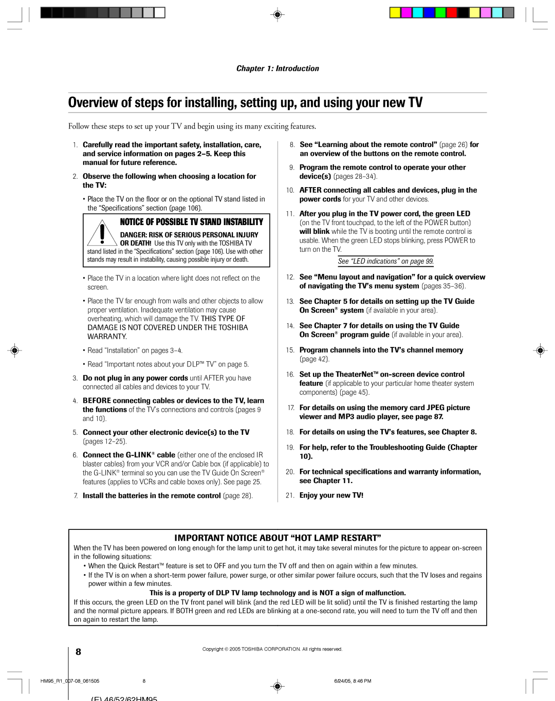 Toshiba 46HM95 owner manual See LED indications on, On again to restart the lamp 