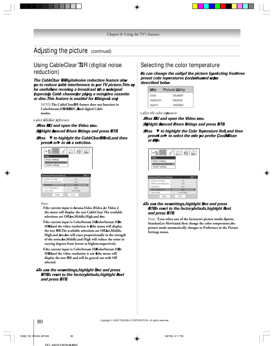 Toshiba 46HM95 owner manual Using CableClear/DNR digital noise reduction, Selecting the color temperature 