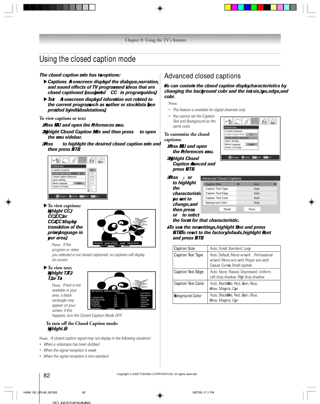 Toshiba 46HM95 owner manual Using the closed caption mode, Advanced closed captions, To view captions or text 