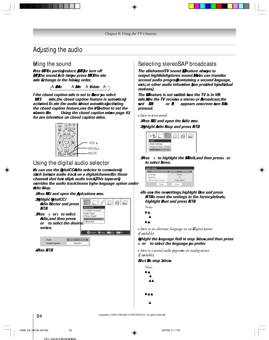 Toshiba 46HM95 Adjusting the audio, Muting the sound, Using the digital audio selector, Selecting stereo/SAP broadcasts 