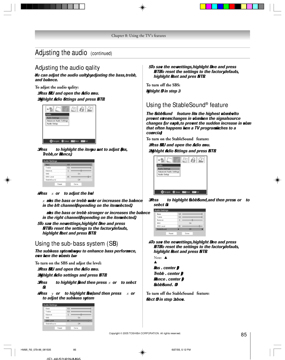 Toshiba 46HM95 owner manual Adjusting the audio quality, Using the sub-bass system SBS, Using the StableSound feature 