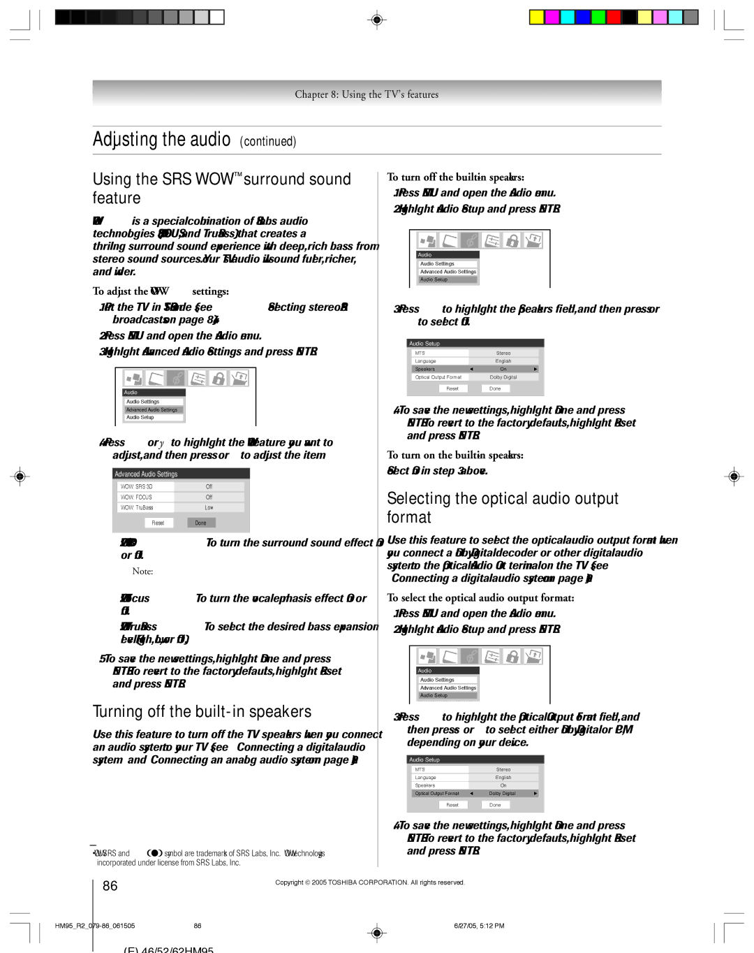 Toshiba 46HM95 owner manual Using the SRS WOW surround sound feature, Turning off the built-in speakers 