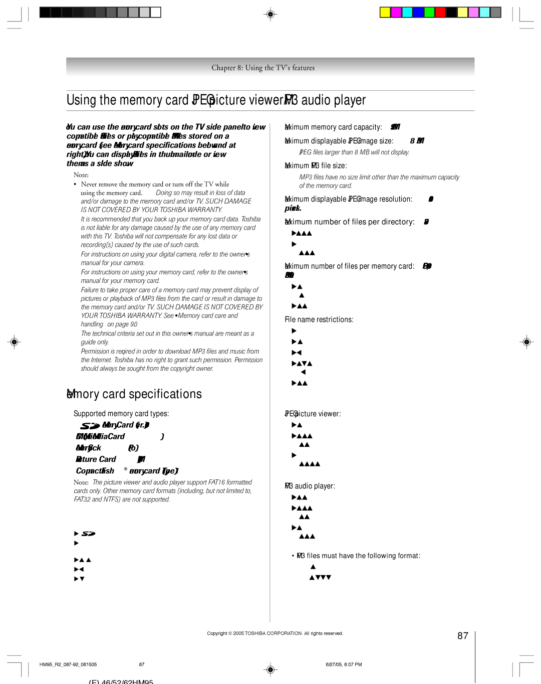 Toshiba 46HM95 owner manual Using the memory card Jpeg picture viewer/MP3 audio player, Memory card specifications 