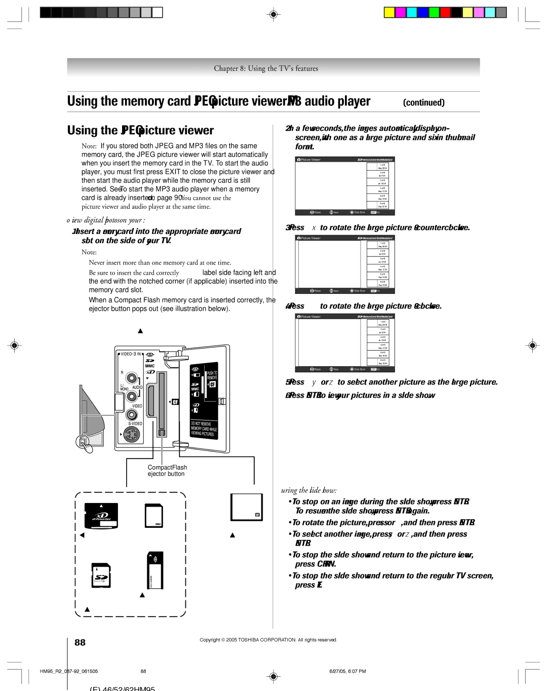 Toshiba 46HM95 owner manual Using the Jpeg picture viewer, To view digital photos on your TV, During the slide show 