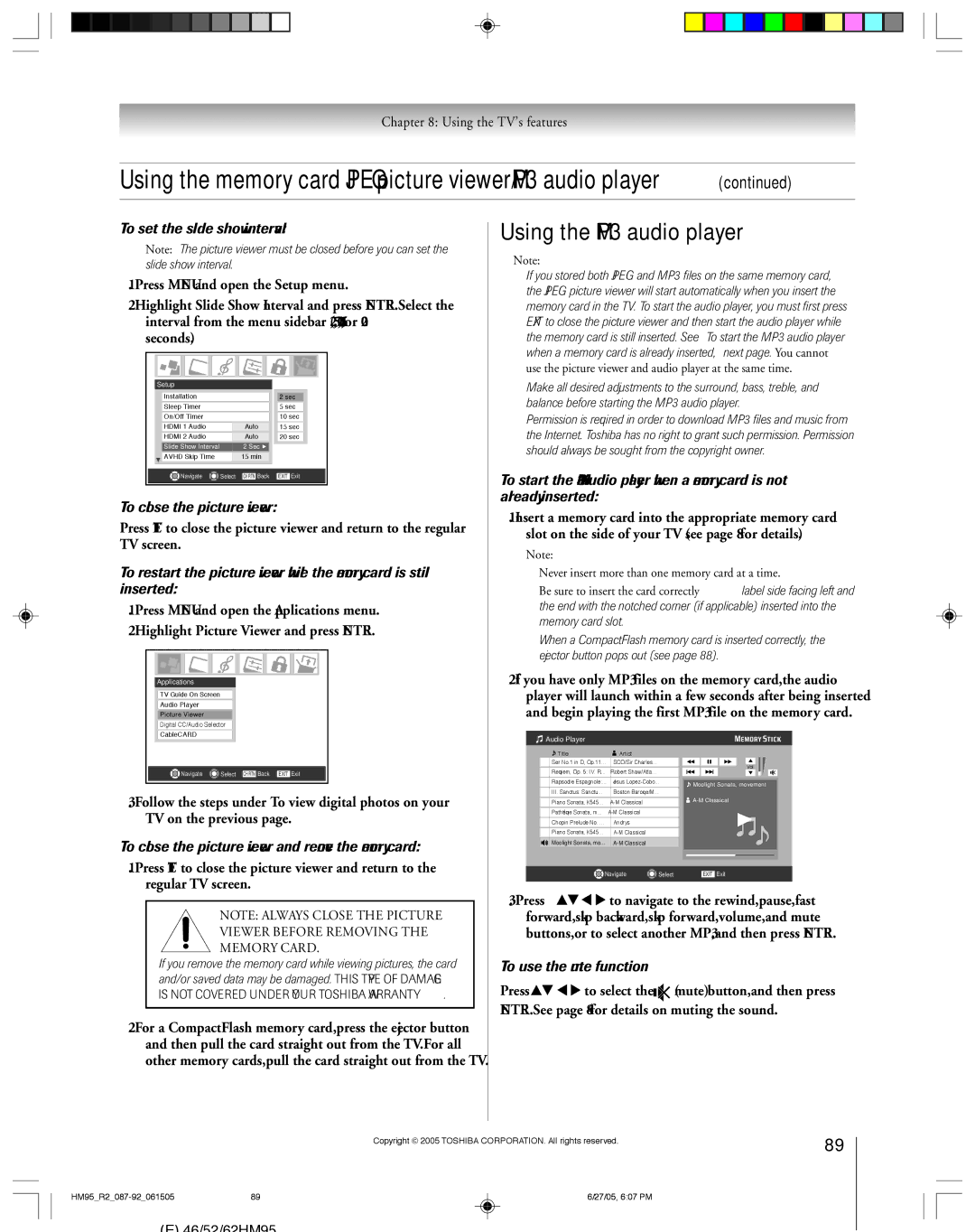 Toshiba 46HM95 owner manual Using the MP3 audio player, To set the slide show interval, To close the picture viewer 