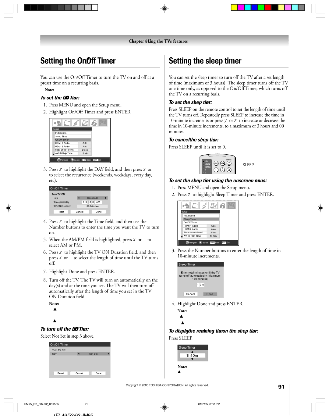 Toshiba 46HM95 Setting the On/Off Timer Setting the sleep timer, To set the sleep timer, To cancel the sleep timer 