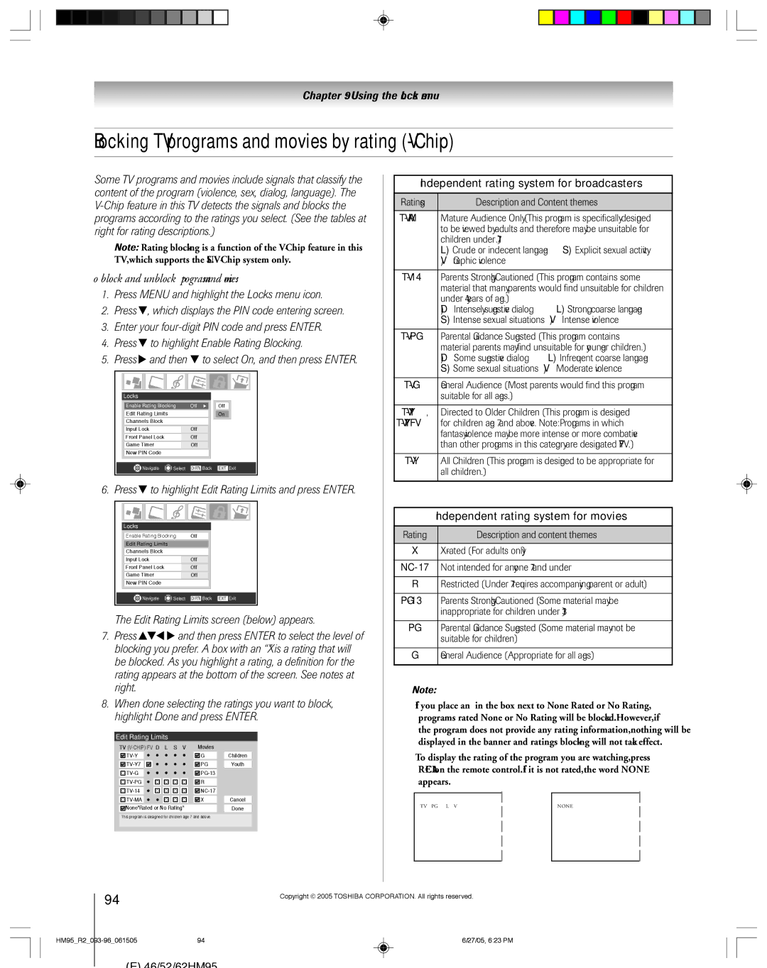 Toshiba 46HM95 owner manual Blocking TV programs and movies by rating V-Chip, To block and unblock TV programs and movies 