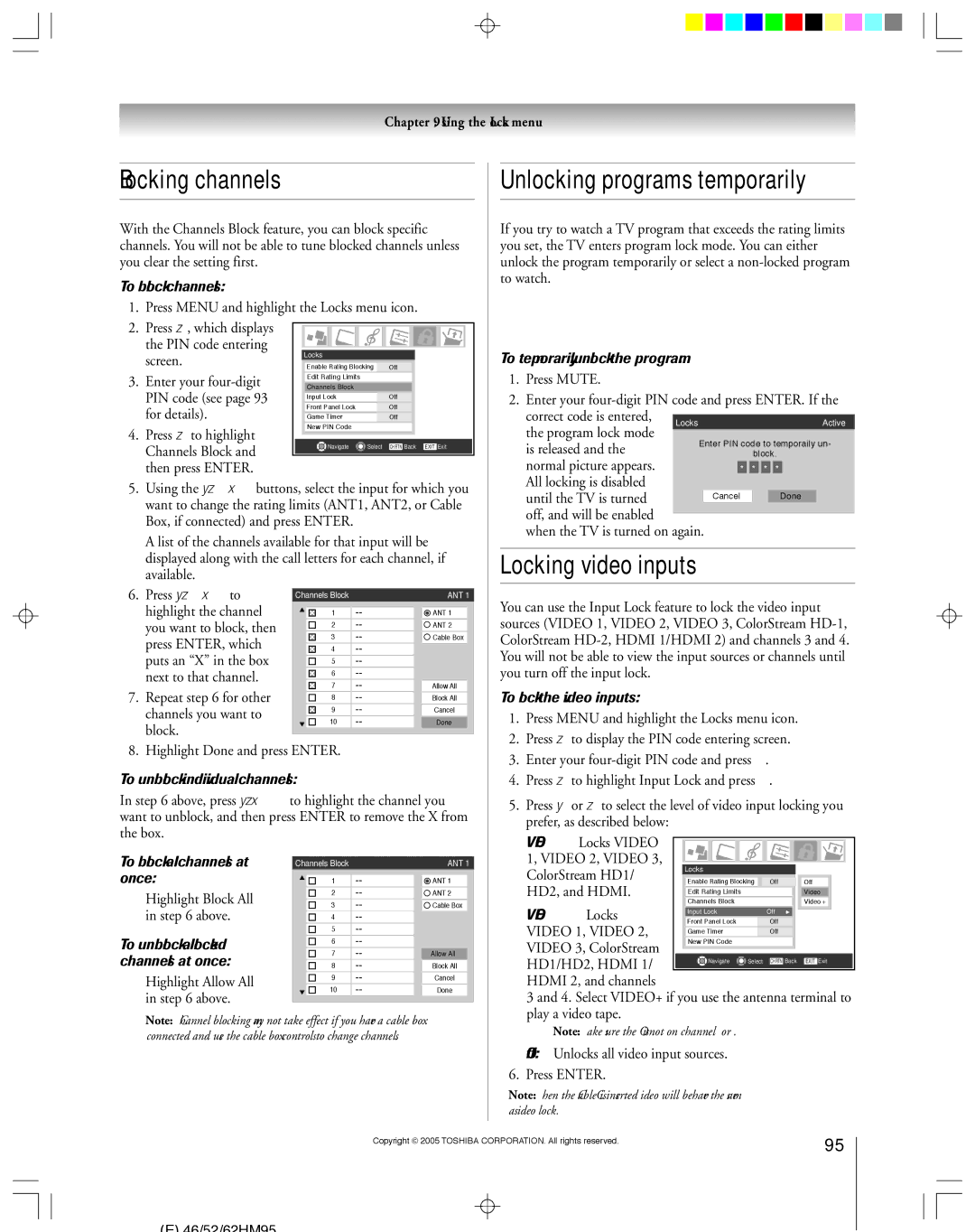 Toshiba 46HM95 owner manual Blocking channels, Unlocking programs temporarily, Locking video inputs 