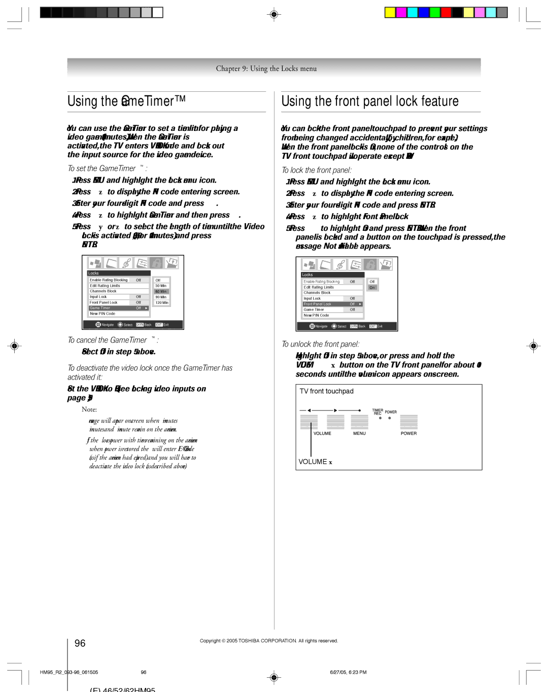 Toshiba 46HM95 owner manual Using the GameTimer, Using the front panel lock feature 