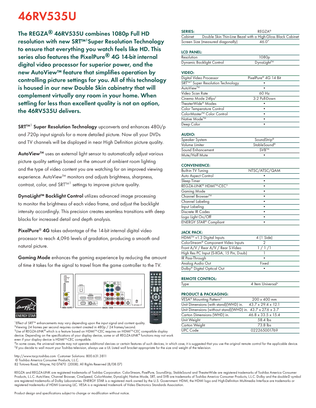 Toshiba 46RV535U manual Series, Video, Audio, Convenience, Jack Pack, Remote Control, Product & Packaging 