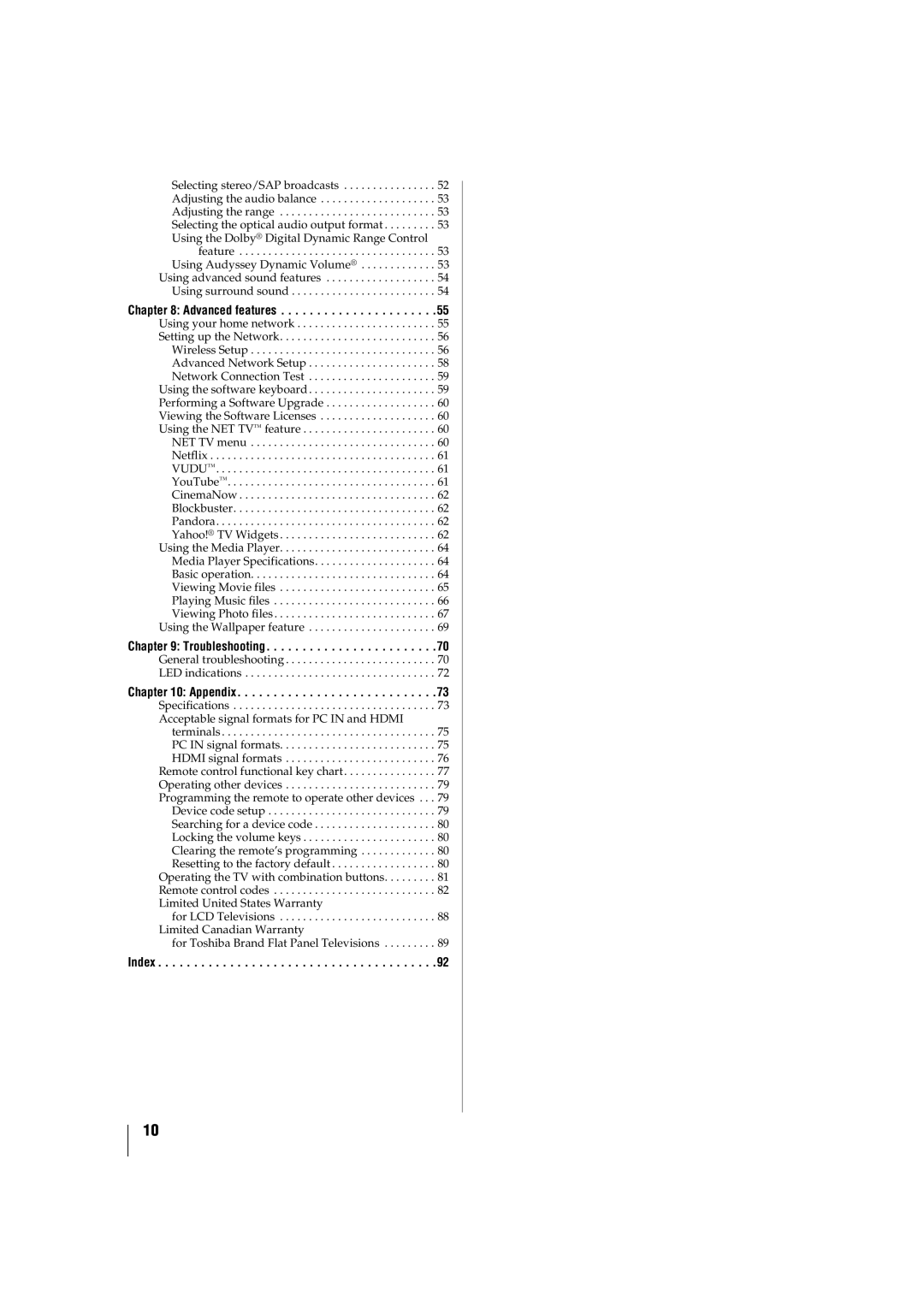 Toshiba 46SL417U, 42SL417U manual Advanced features, Troubleshooting, Appendix, Index 