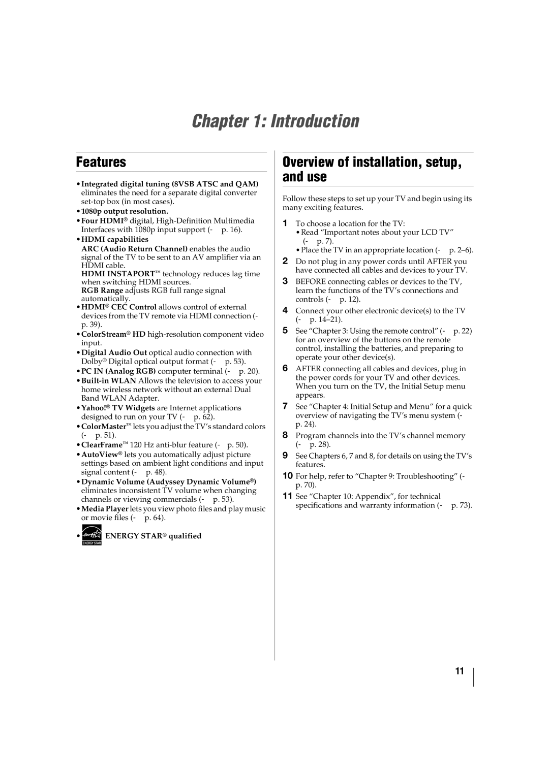 Toshiba 42SL417U, 46SL417U manual Introduction, Features, Overview of installation, setup, and use, Energy Star qualified 