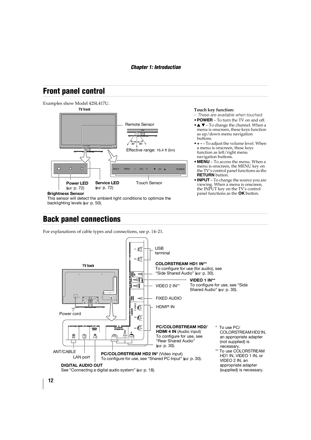 Toshiba 46SL417U, 42SL417U manual Front panel control, Back panel connections, Power LED Service LED, Brightness Sensor 