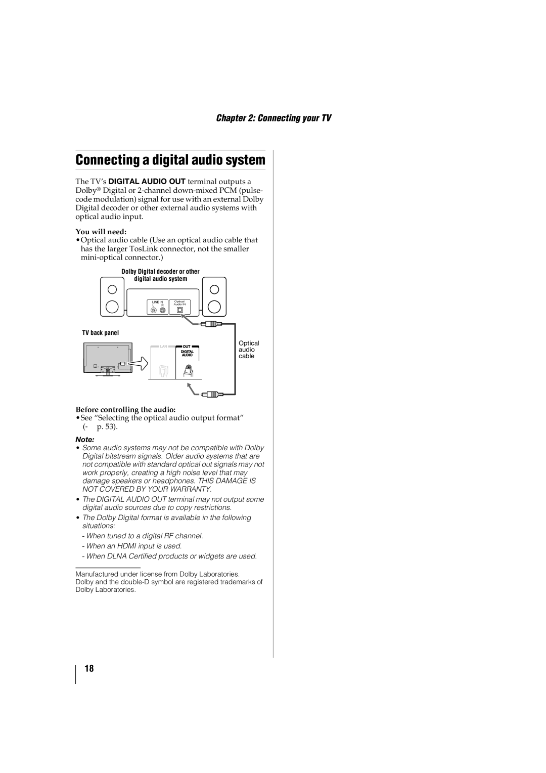 Toshiba 46SL417U, 42SL417U manual Connecting a digital audio system, You will need, Before controlling the audio 