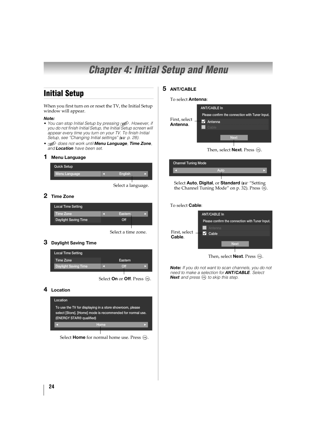 Toshiba 46SL417U, 42SL417U manual Initial Setup and Menu 