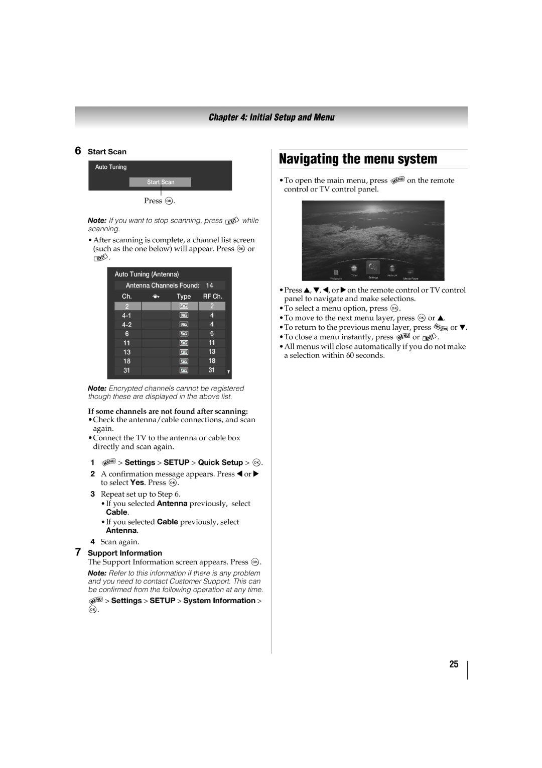 Toshiba 42SL417U, 46SL417U manual Navigating the menu system, Start Scan, Settings Setup Quick Setup OK, Support Information 