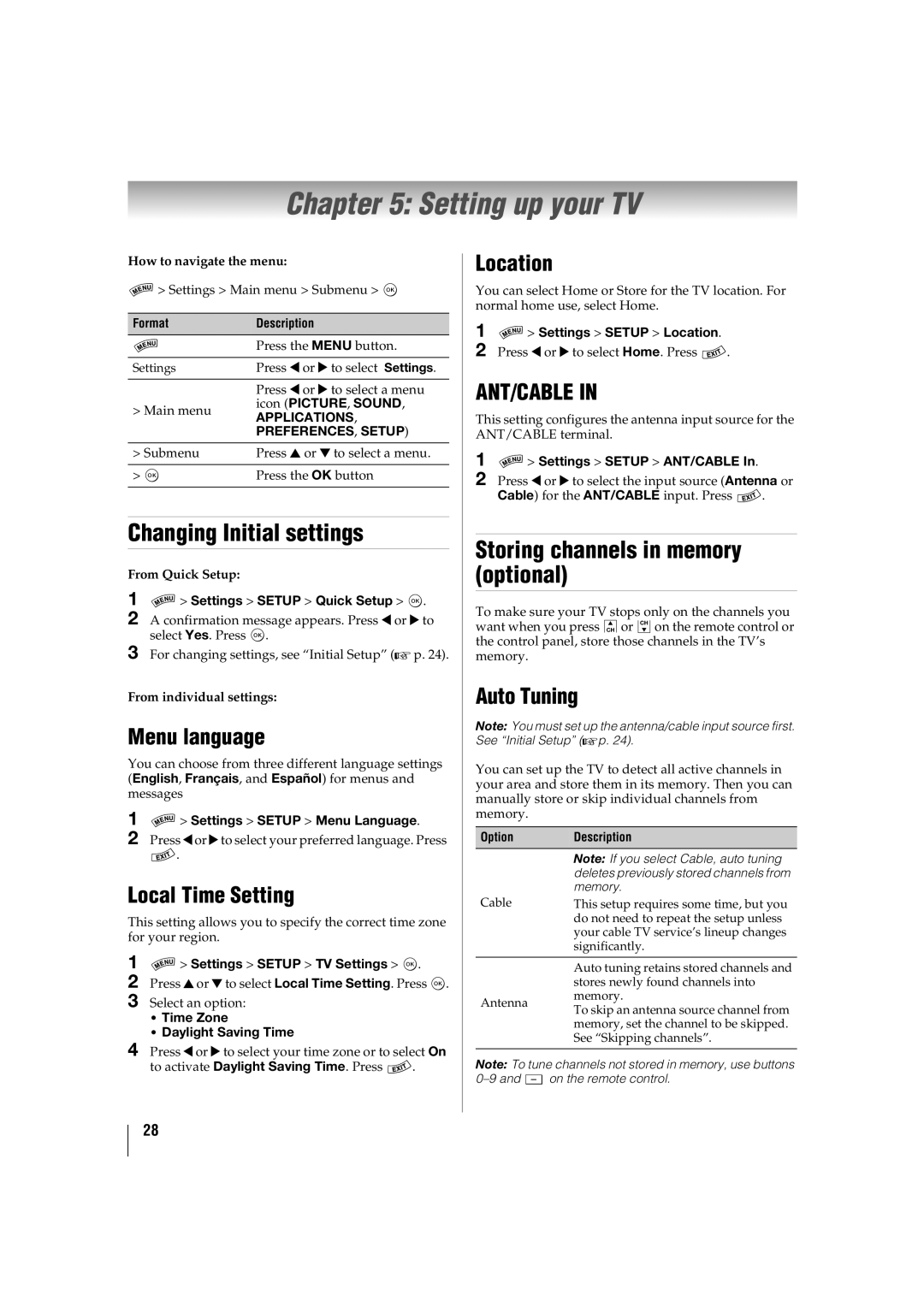 Toshiba 46SL417U, 42SL417U manual Setting up your TV, Changing Initial settings, Storing channels in memory optional 