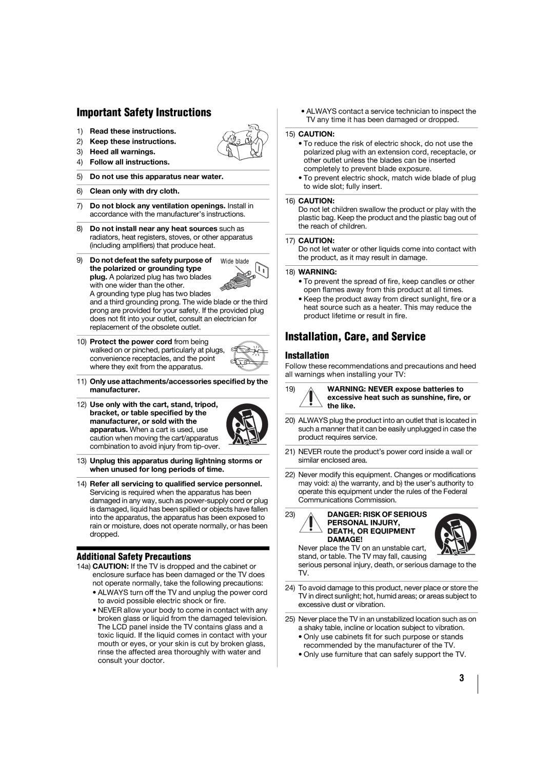 Toshiba 42SL417U, 46SL417U Additional Safety Precautions, Installation, Excessive heat such as sunshine, fire, or the like 