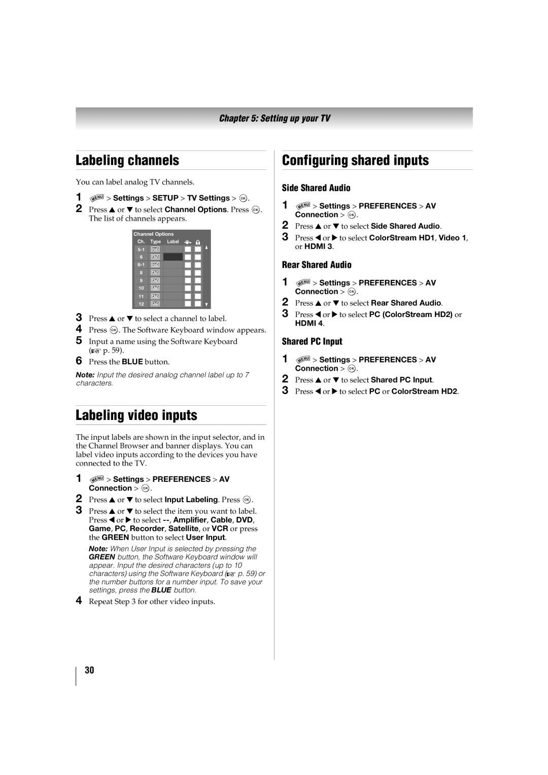 Toshiba 46SL417U, 42SL417U manual Labeling channels, Labeling video inputs, Configuring shared inputs 