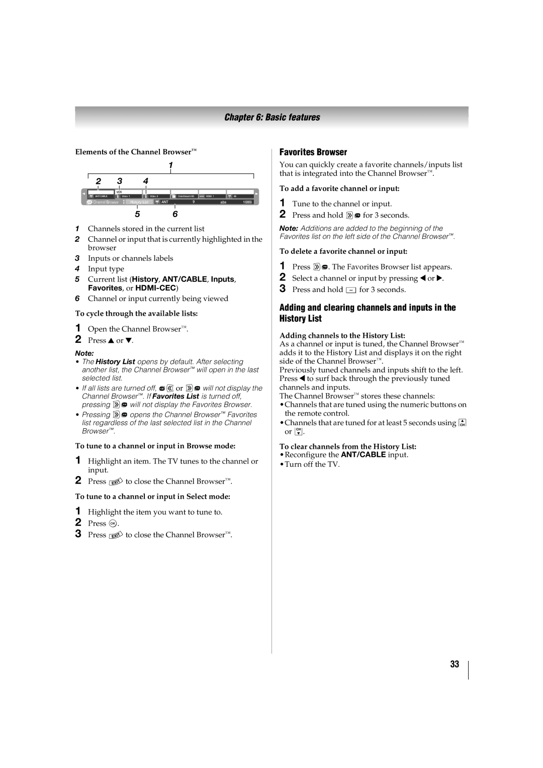 Toshiba 42SL417U, 46SL417U manual Favorites Browser, Adding and clearing channels and inputs in the History List 