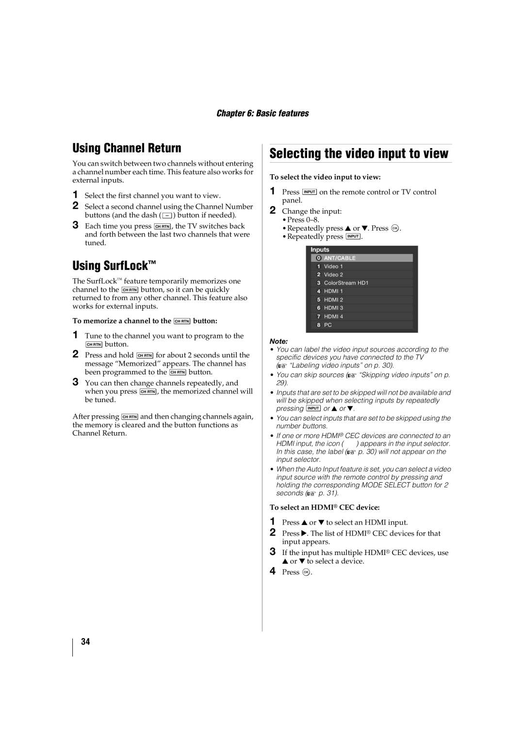 Toshiba 46SL417U, 42SL417U manual Selecting the video input to view, Using Channel Return, Using SurfLock 