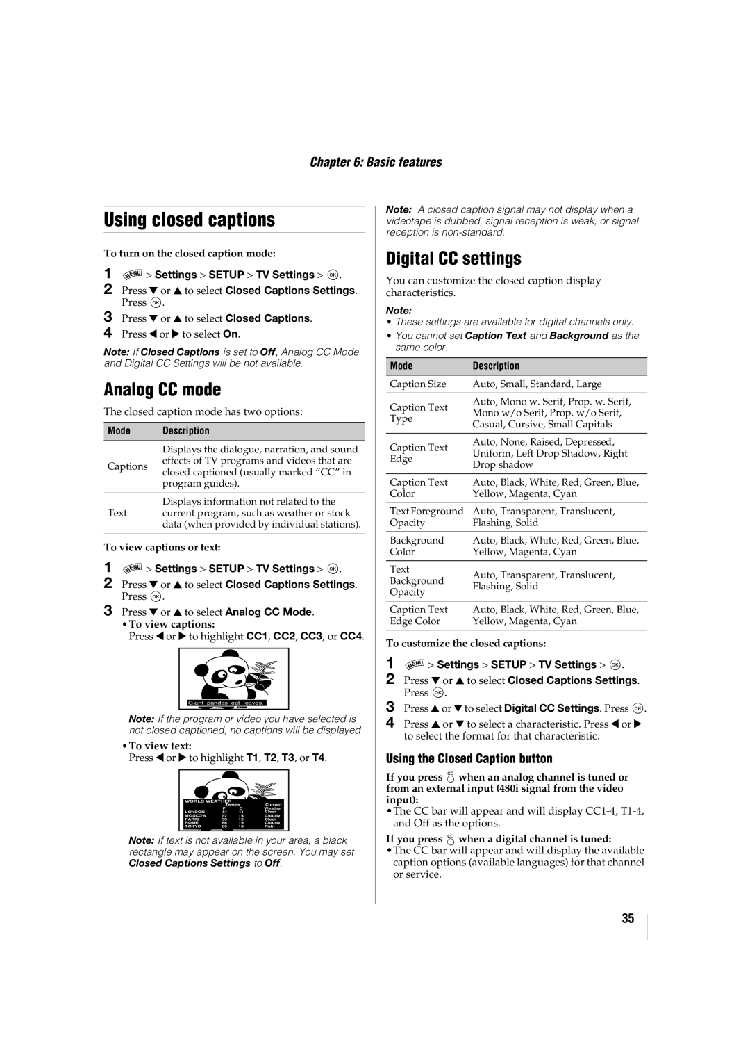 Toshiba 42SL417U, 46SL417U Using closed captions, Analog CC mode, Digital CC settings, Using the Closed Caption button 