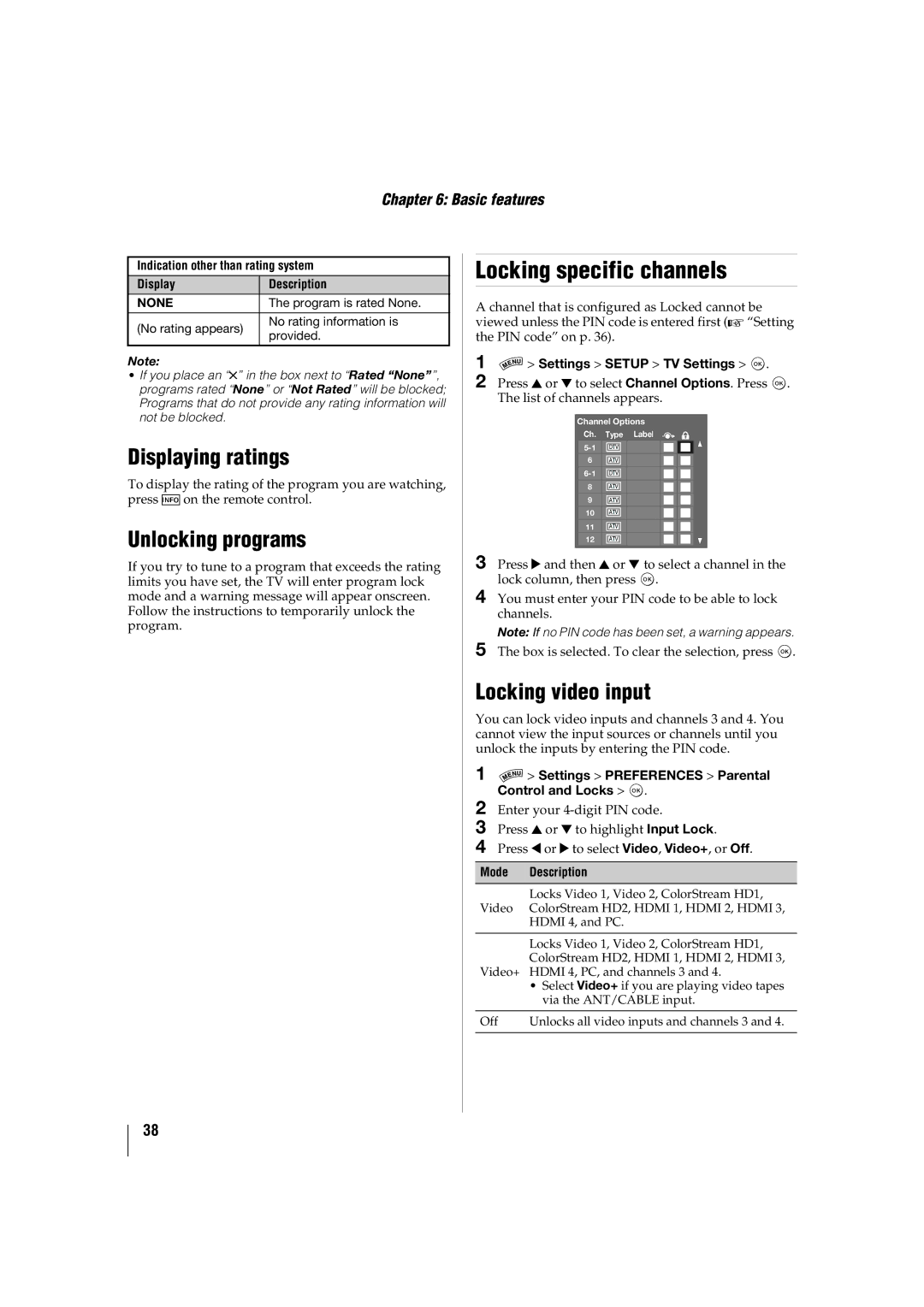 Toshiba 46SL417U, 42SL417U manual Locking specific channels, Displaying ratings, Unlocking programs, Locking video input 