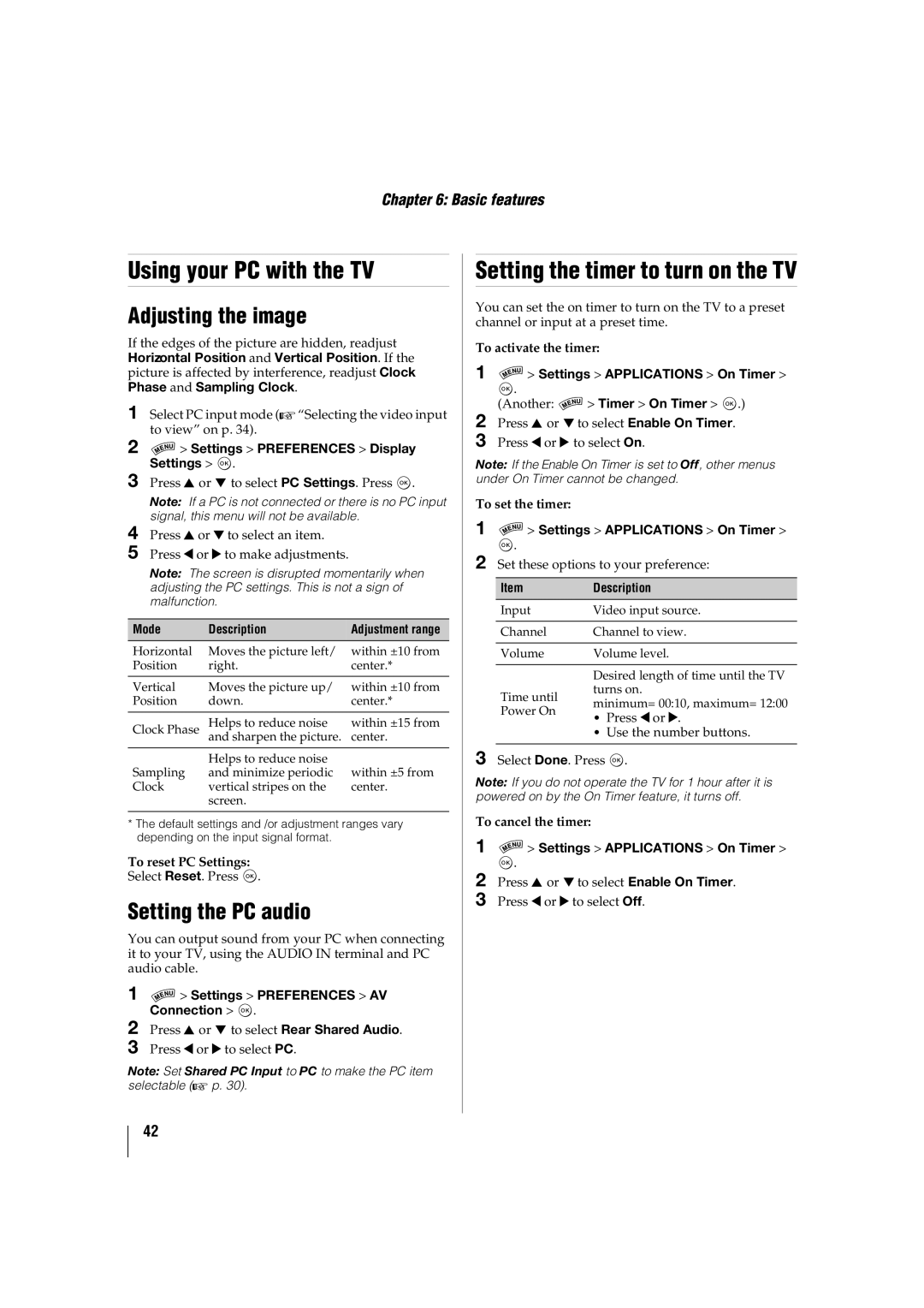 Toshiba 46SL417U Using your PC with the TV, Setting the timer to turn on the TV, Adjusting the image, Setting the PC audio 