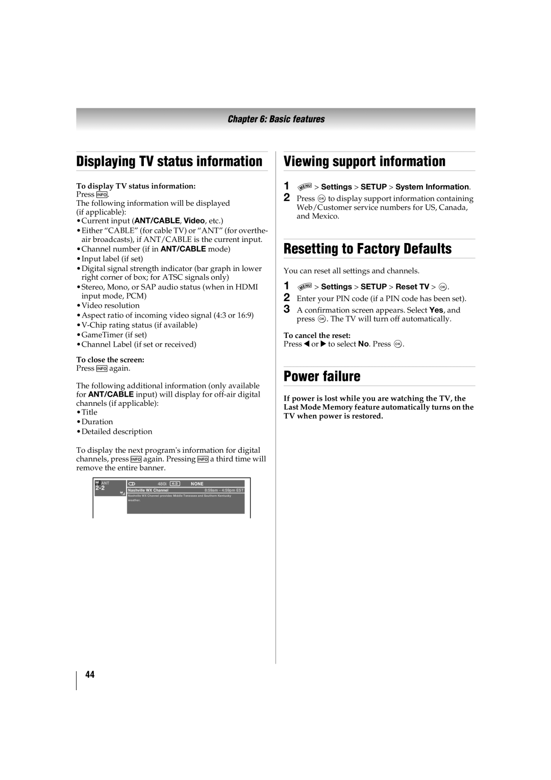 Toshiba 46SL417U, 42SL417U Displaying TV status information, Viewing support information, Resetting to Factory Defaults 