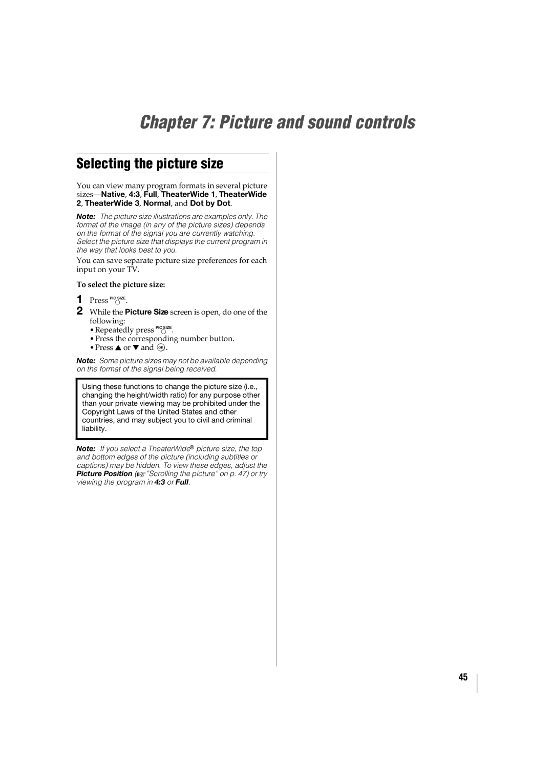 Toshiba 42SL417U, 46SL417U manual Picture and sound controls, Selecting the picture size, To select the picture size 