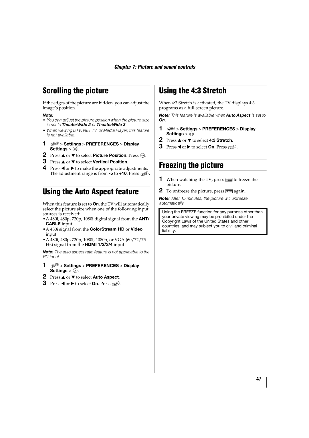Toshiba 42SL417U manual Scrolling the picture, Using the Auto Aspect feature, Using the 43 Stretch, Freezing the picture 