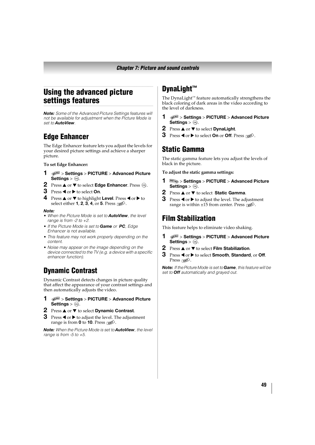 Toshiba 42SL417U, 46SL417U manual Using the advanced picture settings features 