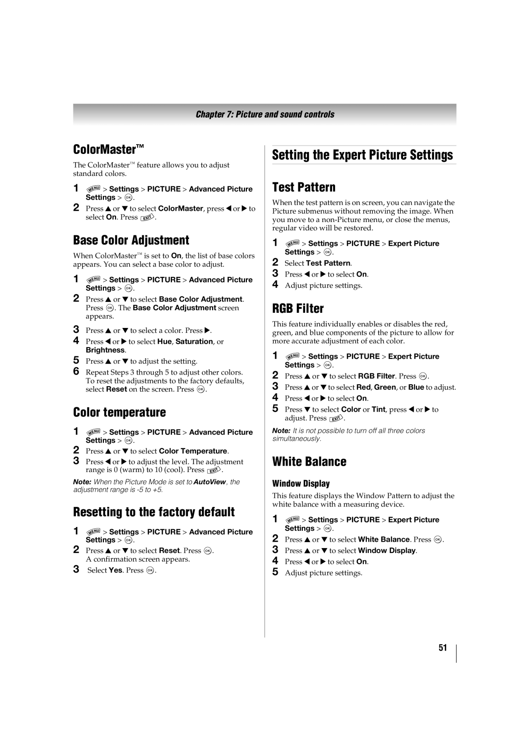 Toshiba 42SL417U, 46SL417U manual Setting the Expert Picture Settings 