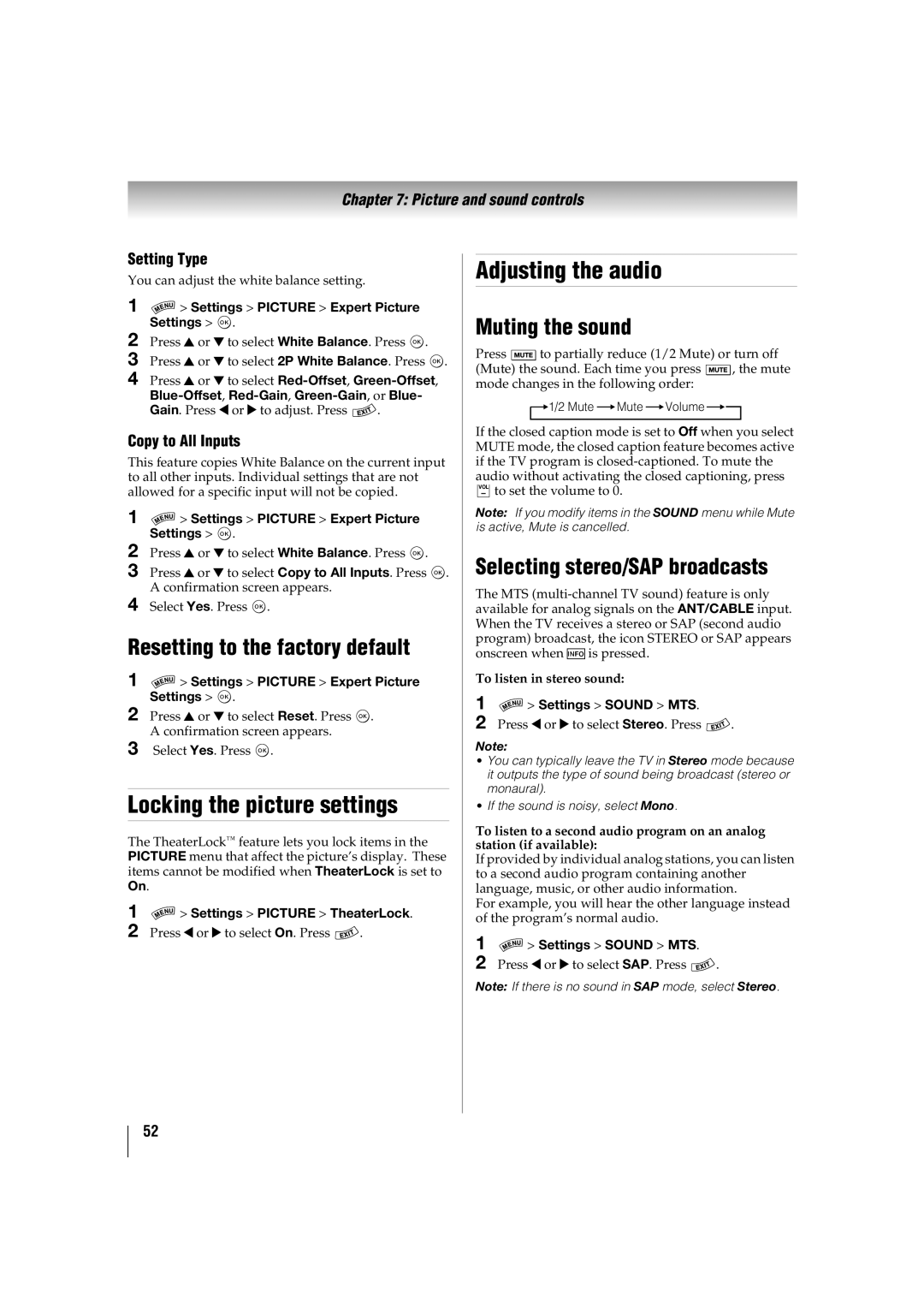 Toshiba 46SL417U Locking the picture settings, Adjusting the audio, Muting the sound, Selecting stereo/SAP broadcasts 