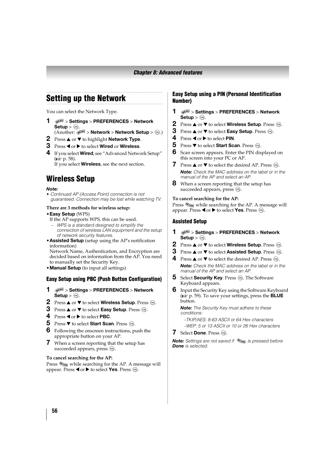 Toshiba 46SL417U Setting up the Network, Wireless Setup, Easy Setup using PBC Push Button Configuration, Assisted Setup 