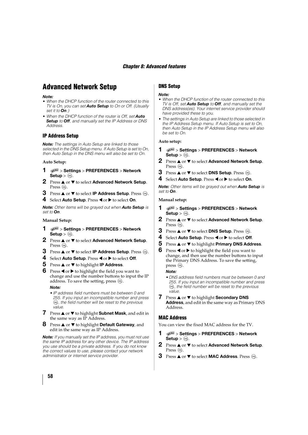 Toshiba 46SL417U, 42SL417U manual Advanced Network Setup, IP Address Setup, DNS Setup, MAC Address 