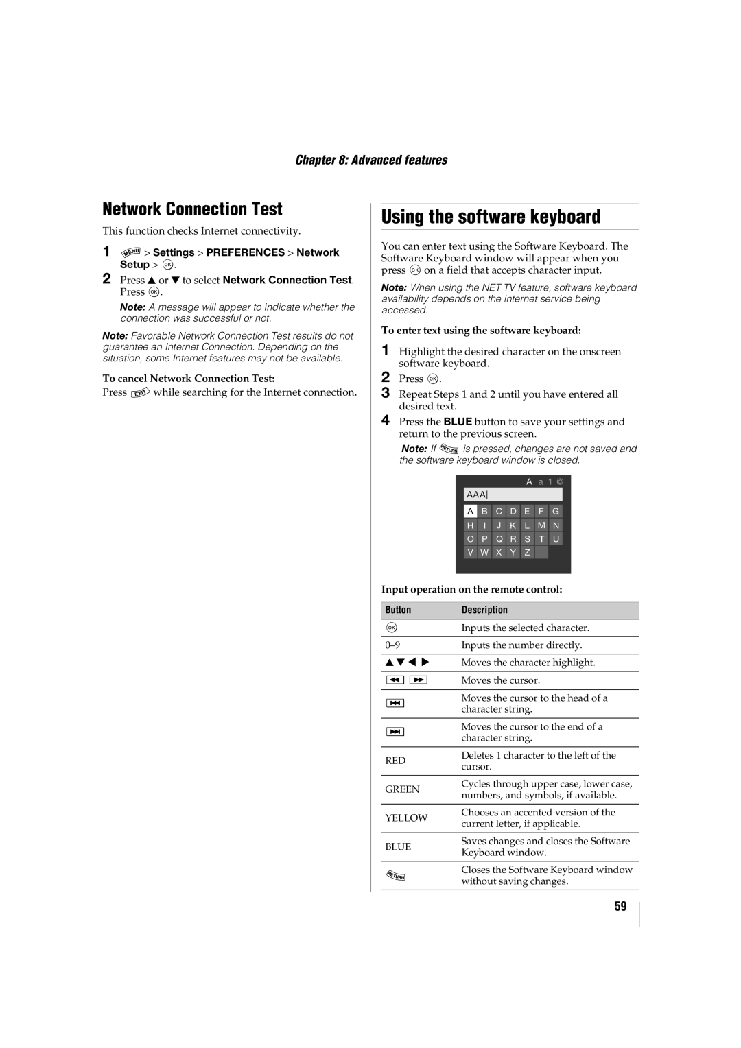 Toshiba 42SL417U Using the software keyboard, To cancel Network Connection Test, Input operation on the remote control 