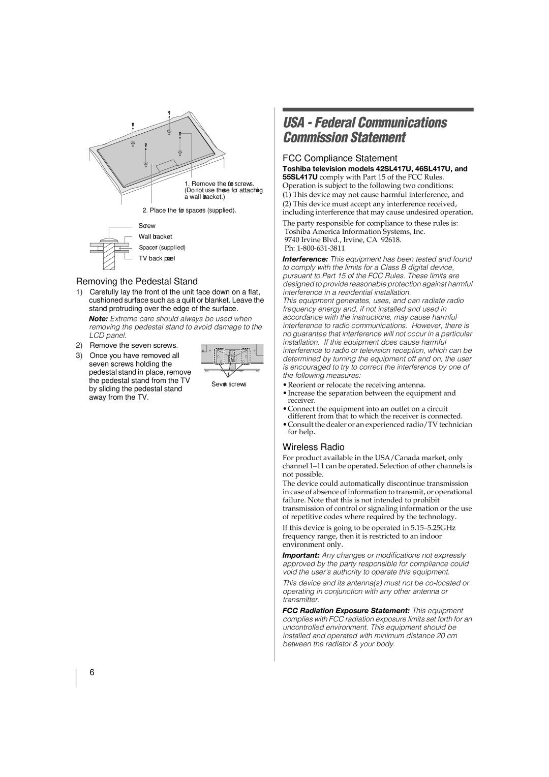 Toshiba 46SL417U, 42SL417U manual Removing the Pedestal Stand, FCC Compliance Statement, Wireless Radio 