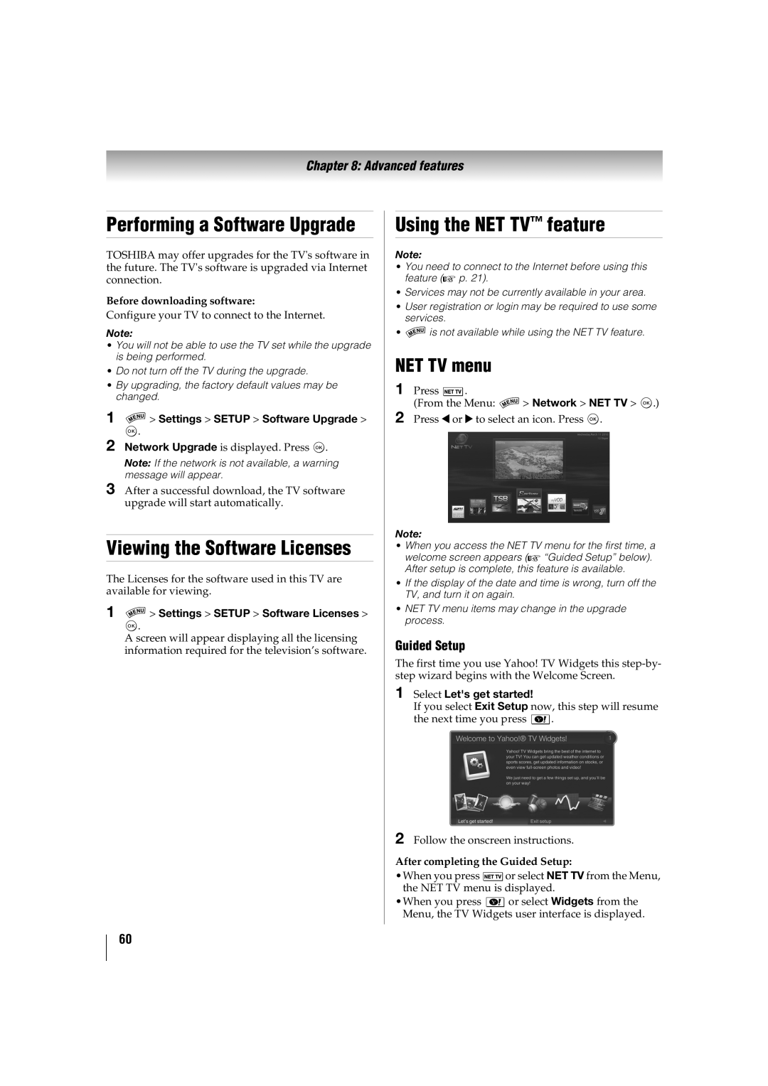 Toshiba 46SL417U manual Performing a Software Upgrade, Viewing the Software Licenses, Using the NET TV feature, NET TV menu 