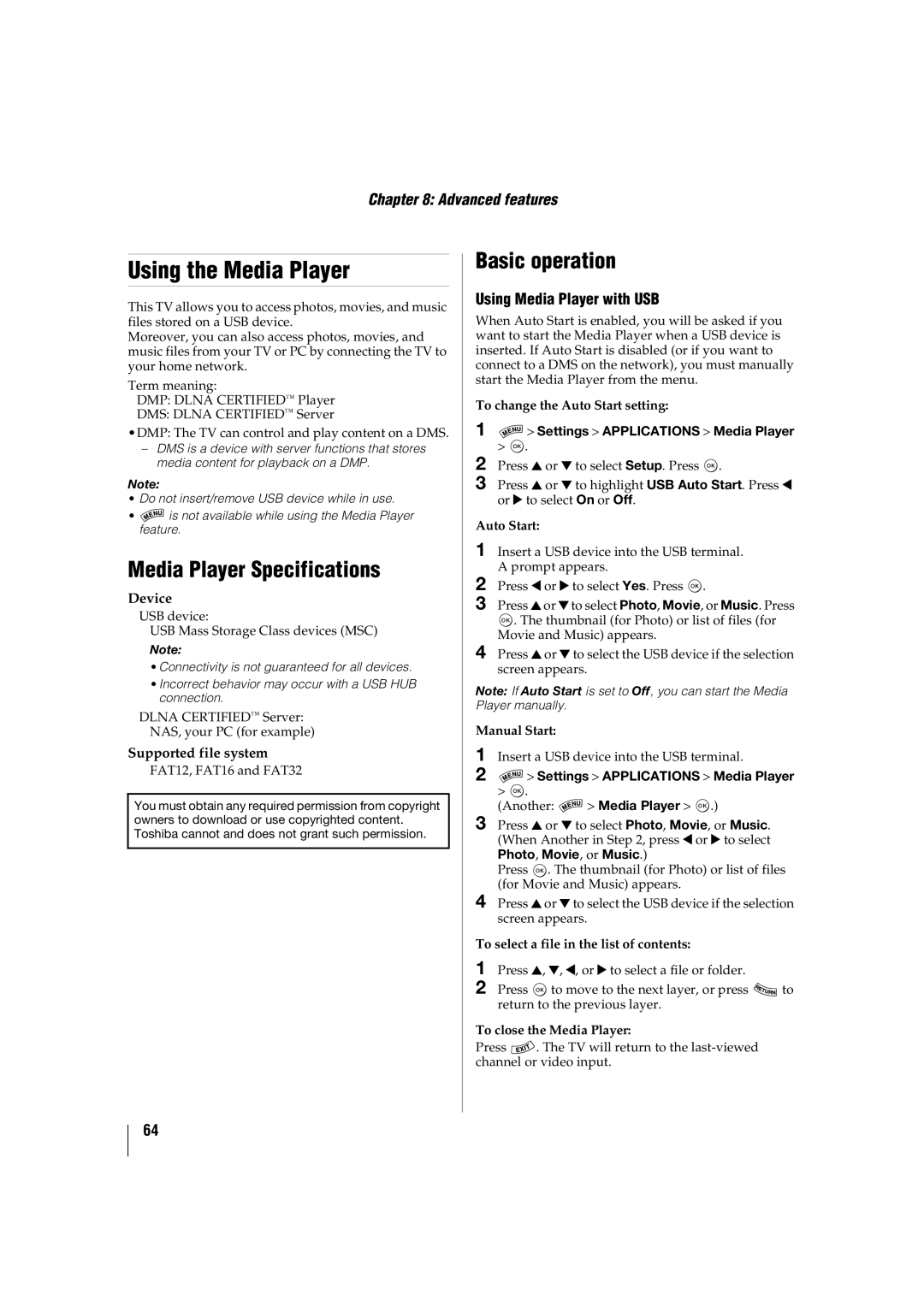 Toshiba 46SL417U manual Using the Media Player, Media Player Specifications, Basic operation, Using Media Player with USB 