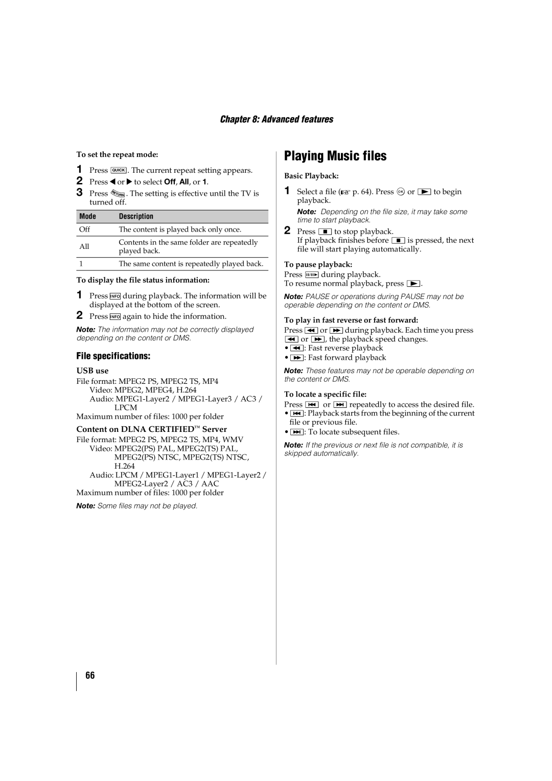 Toshiba 46SL417U Playing Music files, File specifications, To set the repeat mode, To display the file status information 