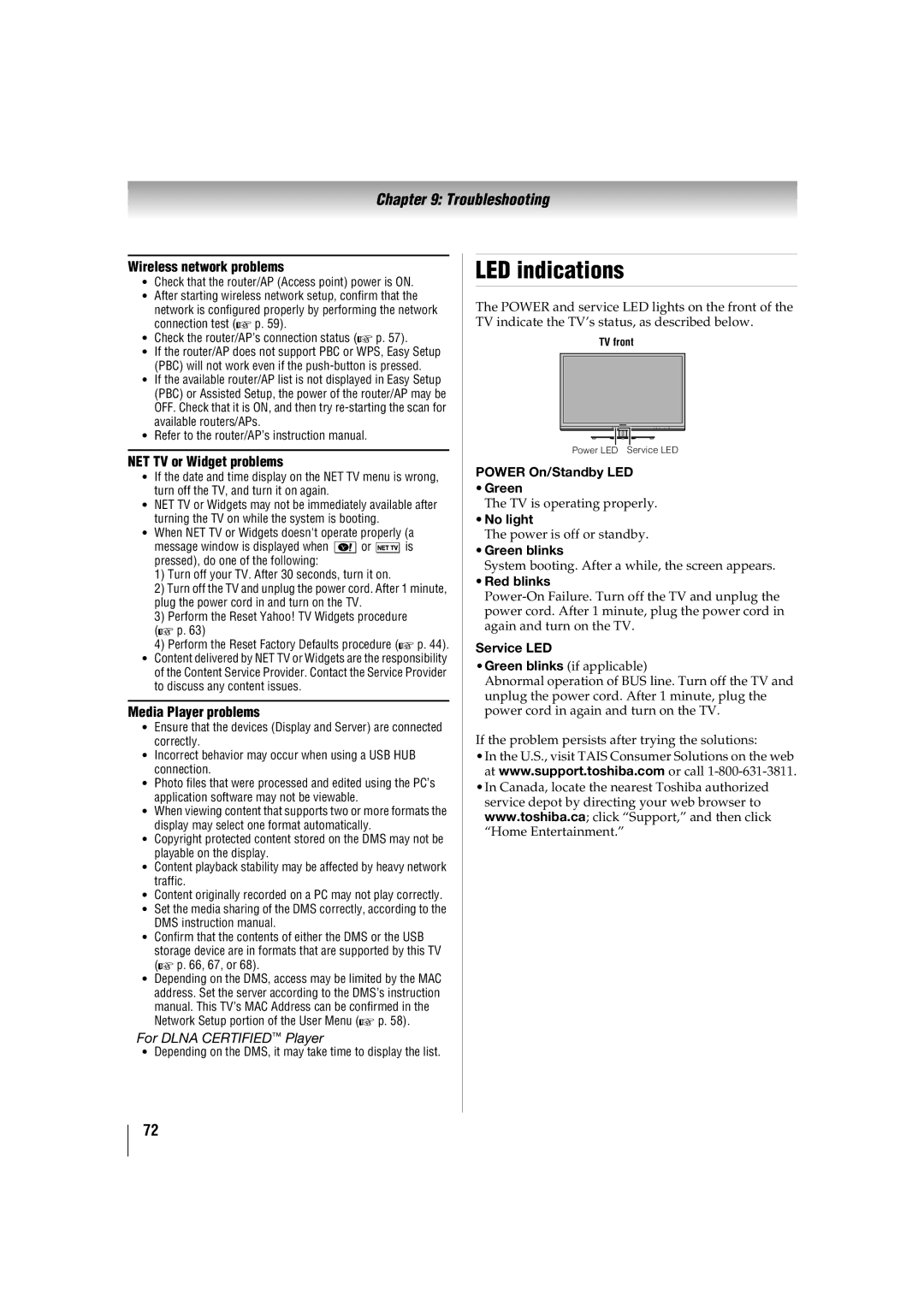 Toshiba 46SL417U, 42SL417U manual LED indications, Power On/Standby LED Green, No light, Green blinks, Red blinks 