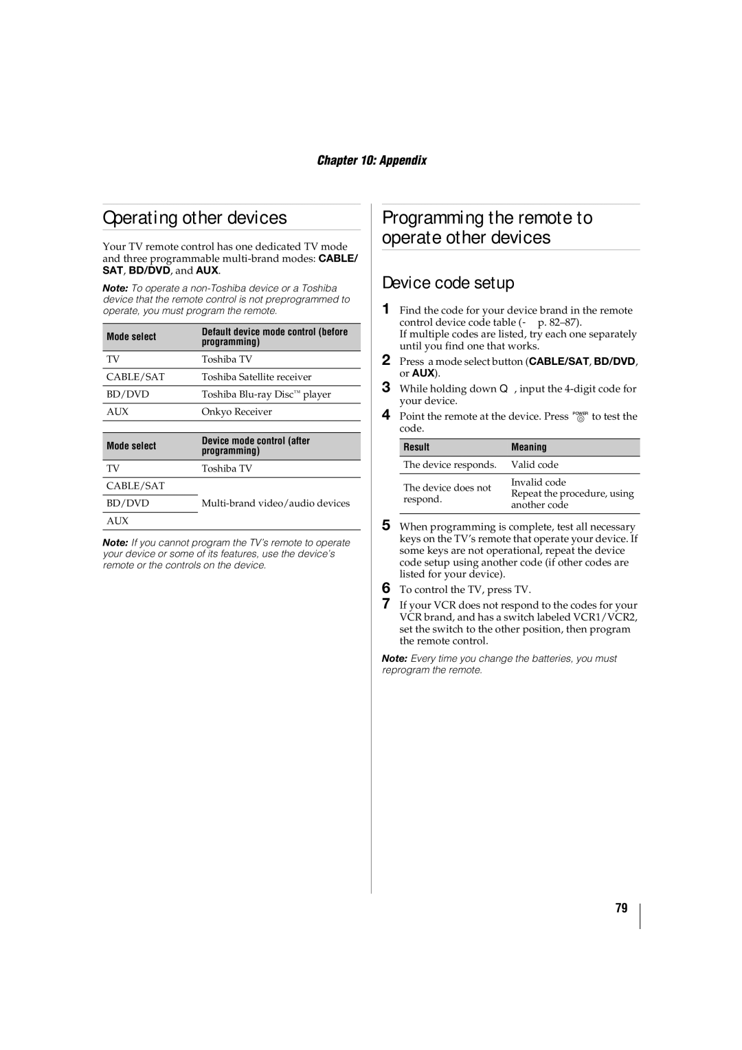 Toshiba 42SL417U, 46SL417U Operating other devices, Programming the remote to operate other devices, Device code setup 