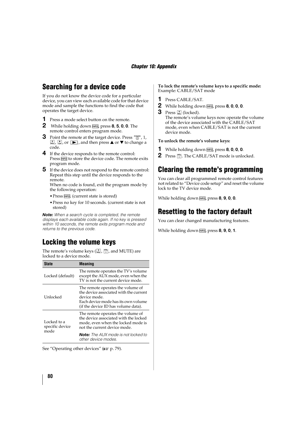 Toshiba 46SL417U Searching for a device code, Locking the volume keys, Clearing the remote’s programming, State Meaning 