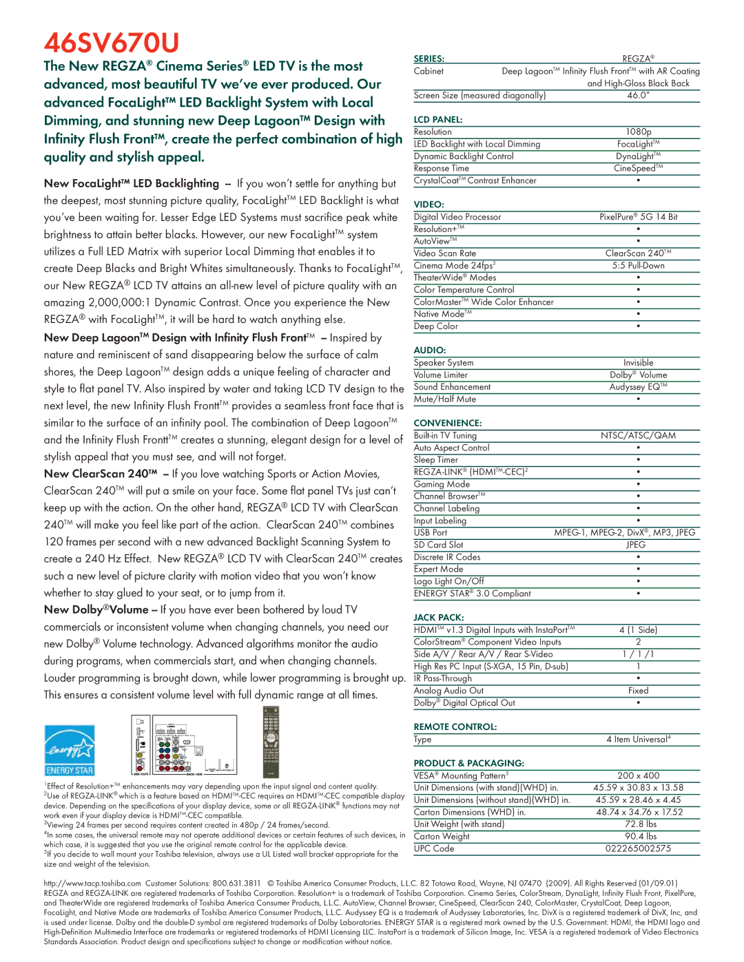 Toshiba 46SV670U manual Series, LCD Panel, Video, Audio, Convenience, Jack Pack, Remote Control, Product & Packaging 