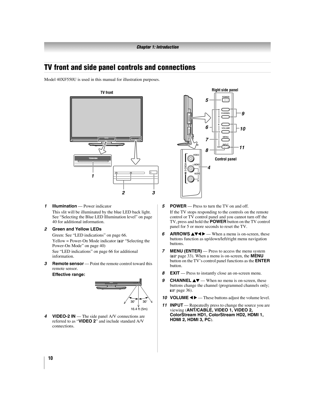 Toshiba 40XF550U, 46XF550U manual TV front and side panel controls and connections, Green and Yellow LEDs, Effective range 