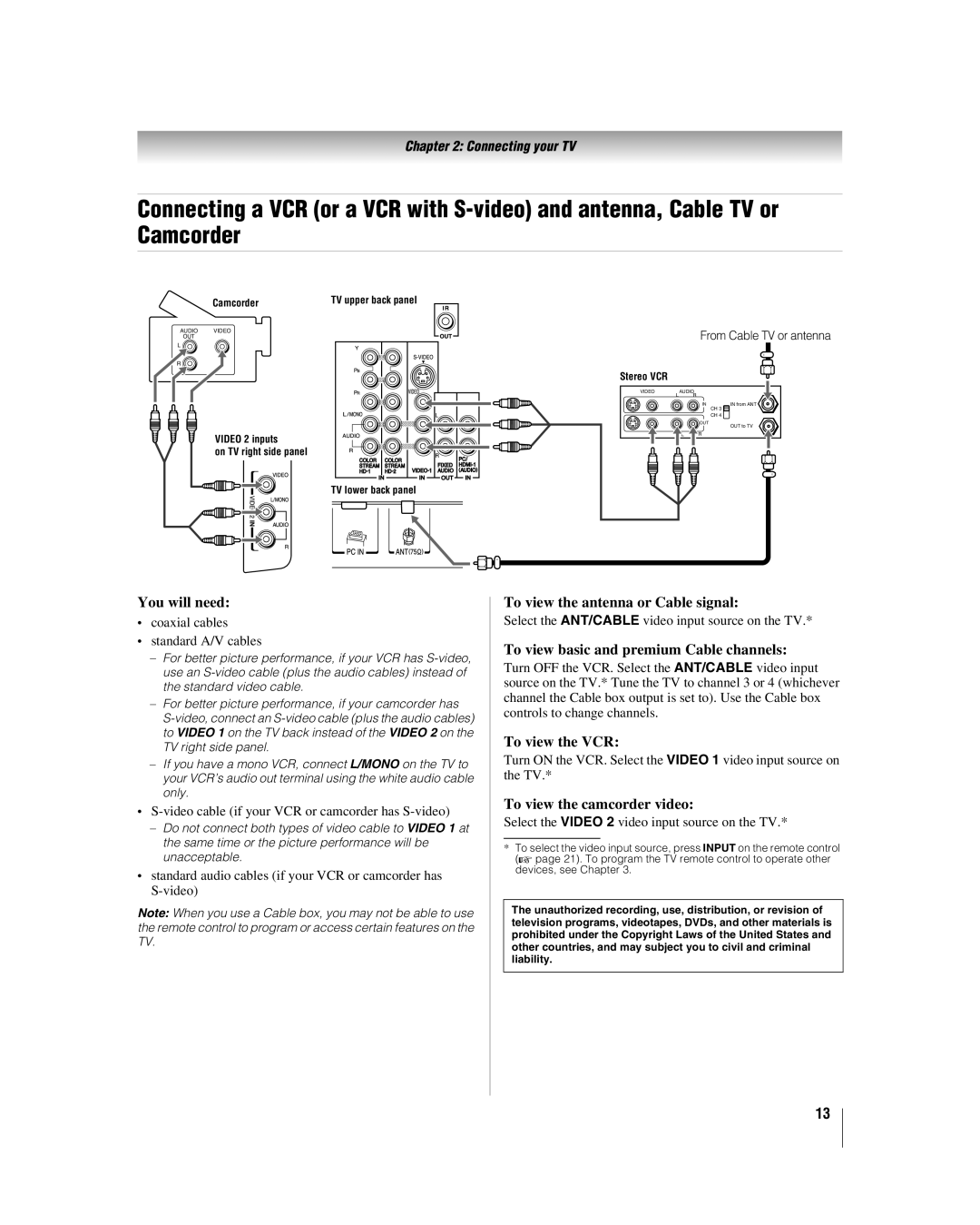 Toshiba 40XF550U, 46XF550U You will need, To view the antenna or Cable signal, To view basic and premium Cable channels 